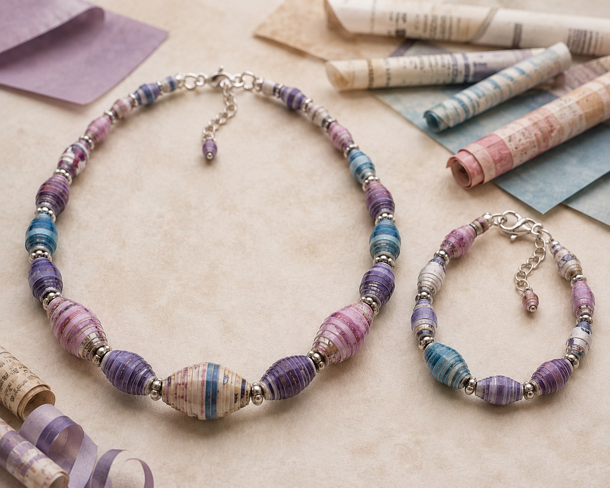 Handgefertigte Halskette und Armband aus farbigen Perlen